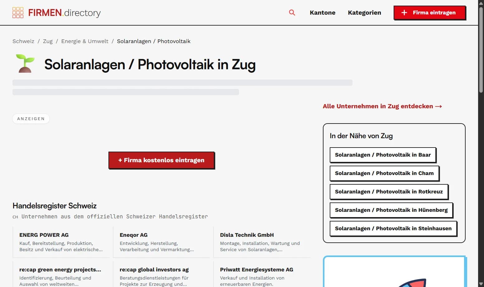 Verzeichnis-Seite mit Firmen aus dem Schweizer Handelsregister in der Kategorie Solaranlagen in Zug
